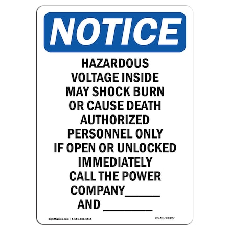 Signmission OSHA Notice Sign, 14" Height, Aluminum, Hazardous Voltage Inside May Shock Sign, Portrait OS-NS-A-1014-V-13327